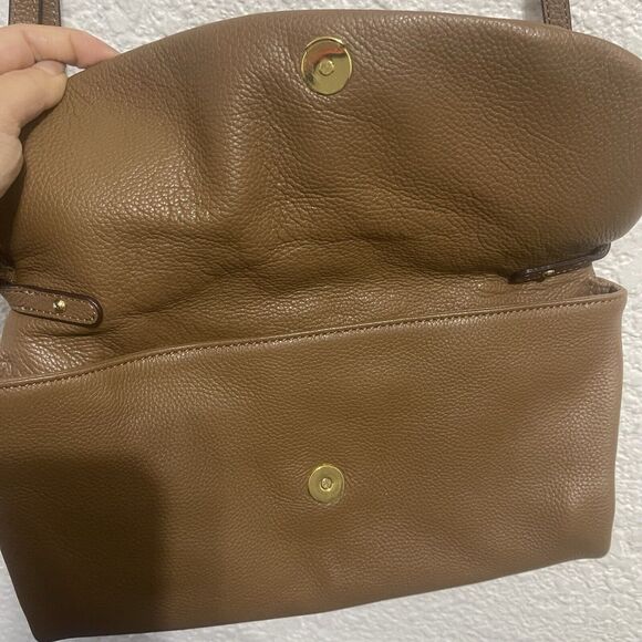 DKNY Vintage Brown Crossbody Bag 100% Cow Leather Medium Flap Gold horn closure - Picture 2 of 8